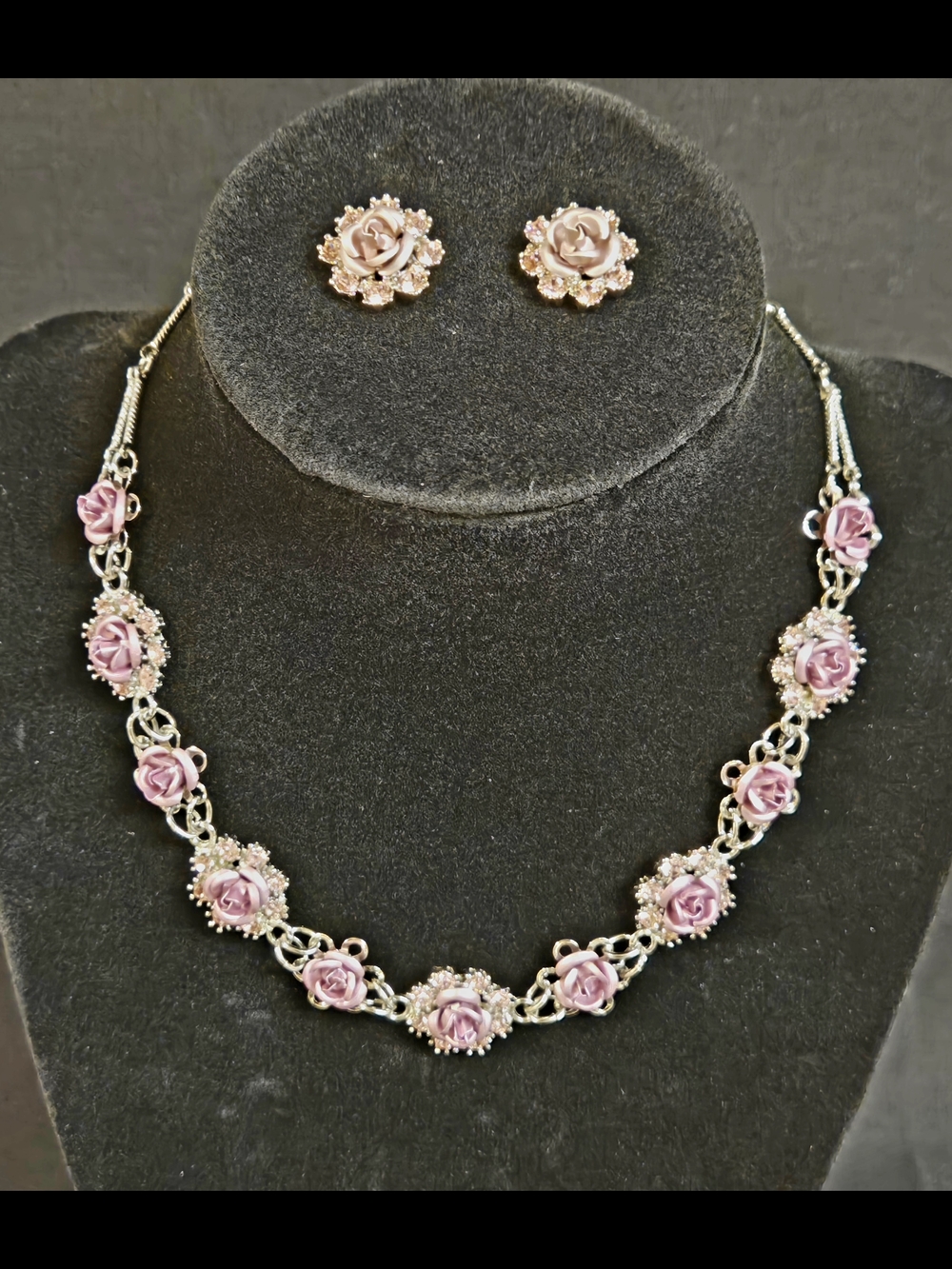 Pink Rose Necklace and Stud Earrings Set